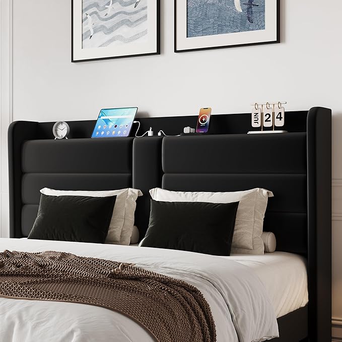 SHA CERLIN King Size Bed Frame with Charging Station & Storage Headboard, Velvet Platform Bed with Upholstered Modern Wingback Design, Wooden Slats Support, No Box Spring Needed, Easy Assembly, Black