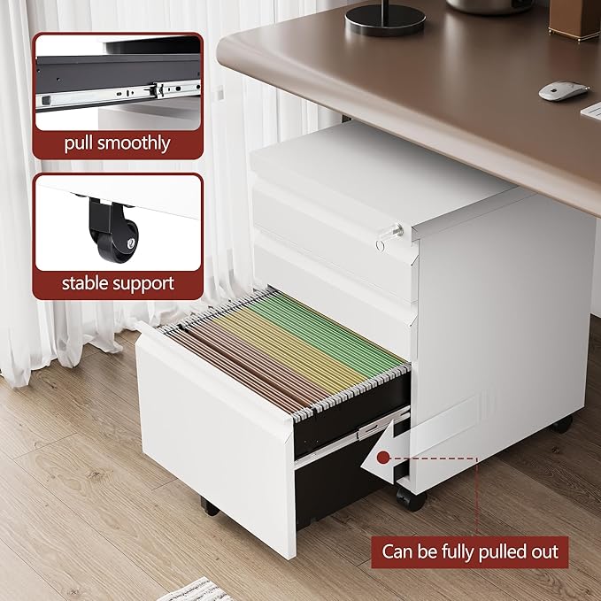 3 Drawer File Cabinet，Mobile Filing Cabinet with Lock and Wheels，Fully Assembled Metal Under Desk File Cabinets for A4/Letter/Legal Size（White
