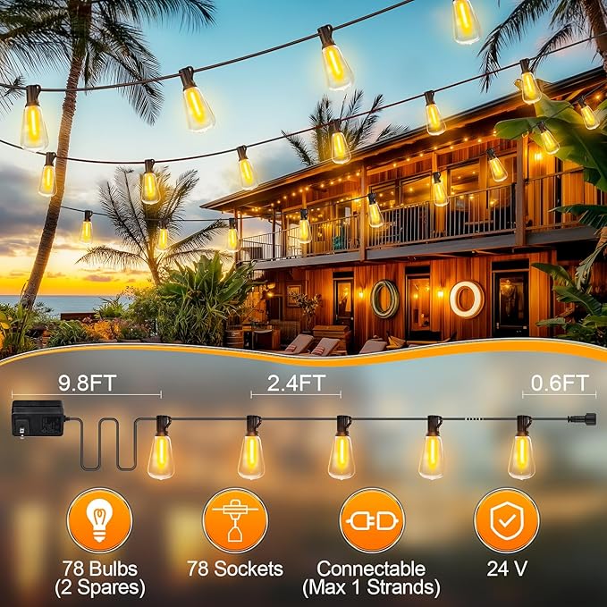 Outdoor String Led Patio Lights - 200Ft 60M Outside Waterproof Light With Remote Dimmable ST38 Shatterproof Bulb Connectable Hanging Outdoor Electric Lighting For Backyard Yard Gazebo Porch Party