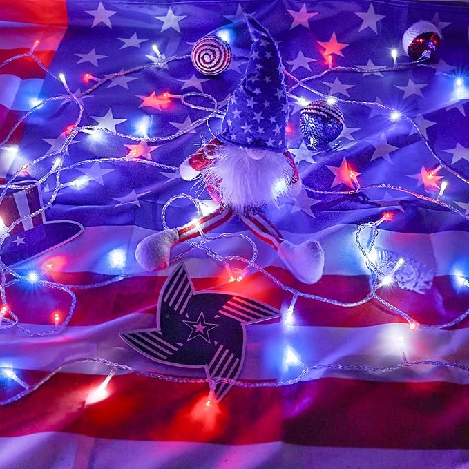 KAQ Red White & Blue Lights 115FT 300LED 4th of July Decorations Outdoor/Indoor, Extendable Plug-in Twinkle Fairy Lights Waterproof with 8 Modes&Timer Independence Day Patriotic Tree Decorations