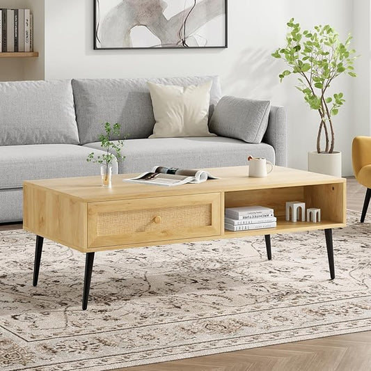 Farini Mid-Century Modern Coffee Table, 47 Inch Rectangle Console Table with Drawer & Shelf, Wooden Coffee Table for Living Room, Office, Nature
