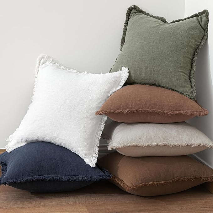 MIULEE Decorative Throw Pillow Covers Neutral Linen Fringe Throw Pillows Set of 2 Dark Coffee Boho Farmhouse Cushion Covers with Tassels for Couch Sofa Bed Living Room Spring Home Decor 18x18 Inch