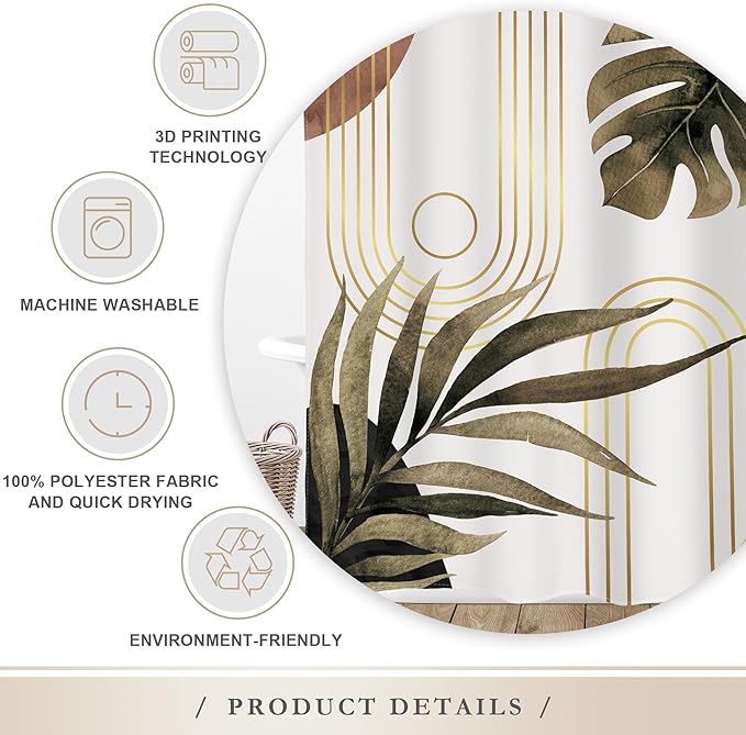 Glawry Boho Brown Shower Curtain 60Wx72L Inches, Abstract Bohemian Mid Century Bathroom Curtains, Plant Botanical Palm Leaf Shower Curtain Set Bath Accessories Fabric Waterproof 12 Hooks