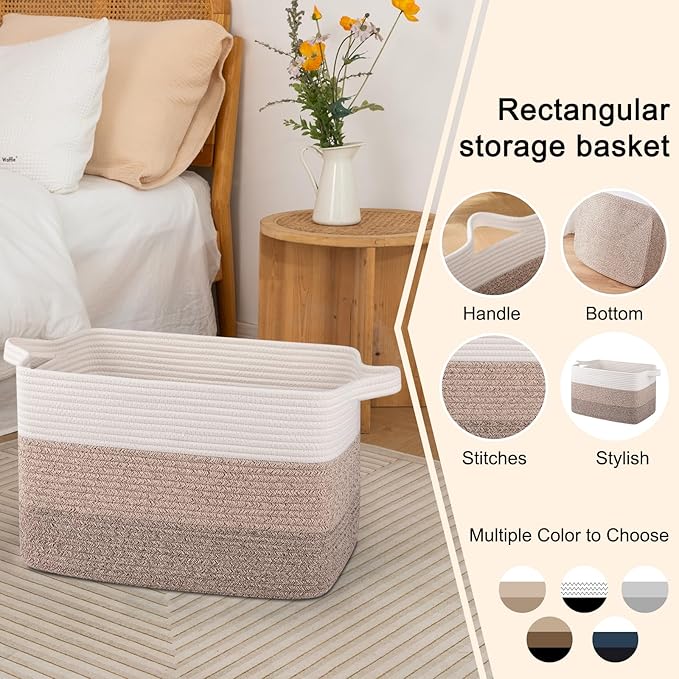 OIAHOMY Cotton Rope Basket, Rectangle Woven Baskets for Storage, Nursery Blanket Storage Living Room, Toy Basket With Handle-17.7”x13.8”x11”-Gradient Yellow