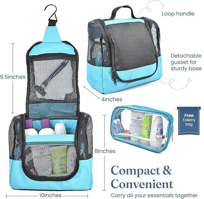 The Fine Living Co. Portable Hanging Shower Caddy Organizer Bag (Free Toiletries Case+Metal Hook) Quick Dry Mesh Shower Caddy Tote Bag Pouch For Bathroom College Dorm Camp Gym Camping 10”x4”x8”(Aqua)