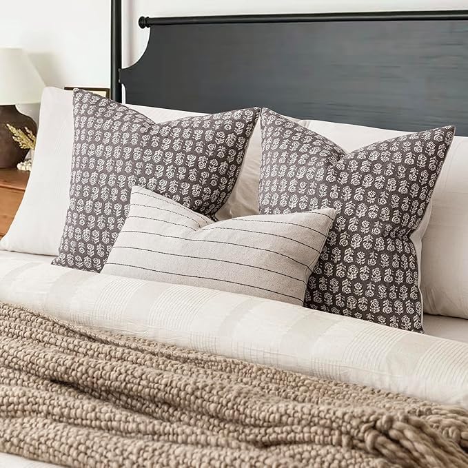 Foindtower Set of 2 Decorative Vintage Floral Print Throw Pillow Covers Neutral Modern Farmhouse Cushion Covers Boho Home Decor for Sofa Couch Chair Bedroom Living Room Outdoor,18×18 Inch,Rustic Gray