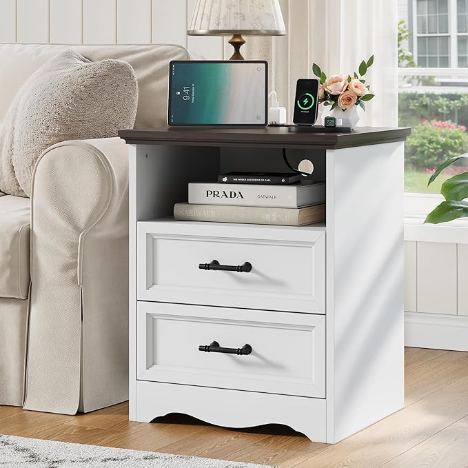 Set of 2 Farmhouse Nightstands with Charging Station, End Tables with 2 Drawers Storage, Space-Saving Wood Storage Cabinets with Unique Base Design, Bedside Tables for Bedroom, Living Room, White