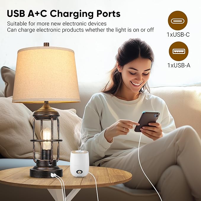 QiMH Table Lamp for Living Room with USB A+C Ports, Farmhouse Bedside Lamp with Nightlight, 3-Way Dimmable Touch Control, Retro Industrial Nightstand Lamp for Bedroom, Bulbs Included, Bronze