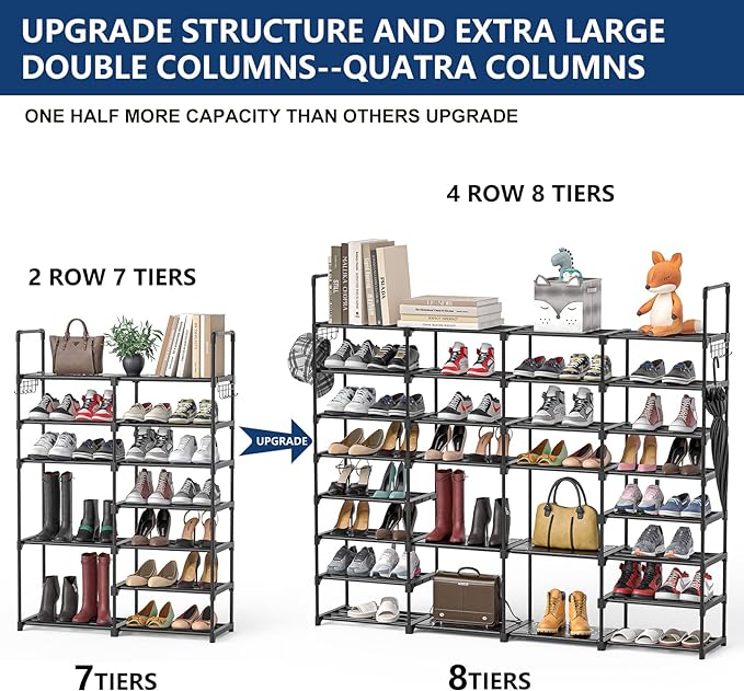 Mavivegue Extra Large Shoe Rack, 8 Tier 4 Rows 72-76 Pairs Big Tall Metal Shoe Shelf,Big Boot Rack Storage Organizer for Garage,Show Rack Shoe Holder Stand,Closet Rack Organizers and Storage