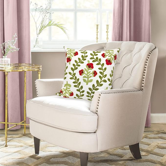 Alysheer Floral Embroidered Summer Decorative Throw Pillow Cover 18"x 18", Farmhouse Cottage Red Flowers Green Leaves Knit Pattern Cotton Canvas Cushion Case for Sofa Couch Bed Living Room Decor