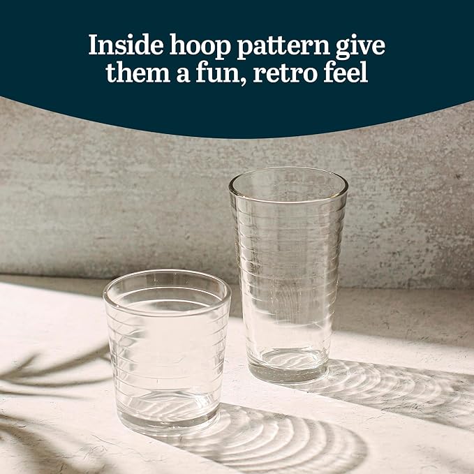 Libbey Hoops Tumbler and Rock Glass Set, Two Sized Nostalgic Retro Glass Cups Set, Dishwasher Safe Glasses Drinking Set of 16 for Any Occasion