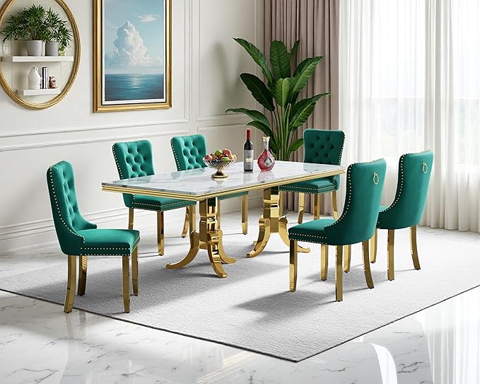 Goujxcy Faux Marble Dining Table Set for 6, Modern 7-Piece Dining Table Set with 6 Velvet Upholstered Chairs, 70" Large Long Faux Marble Kitchen Dining Room Table and Chairs with Stainless Steel Legs