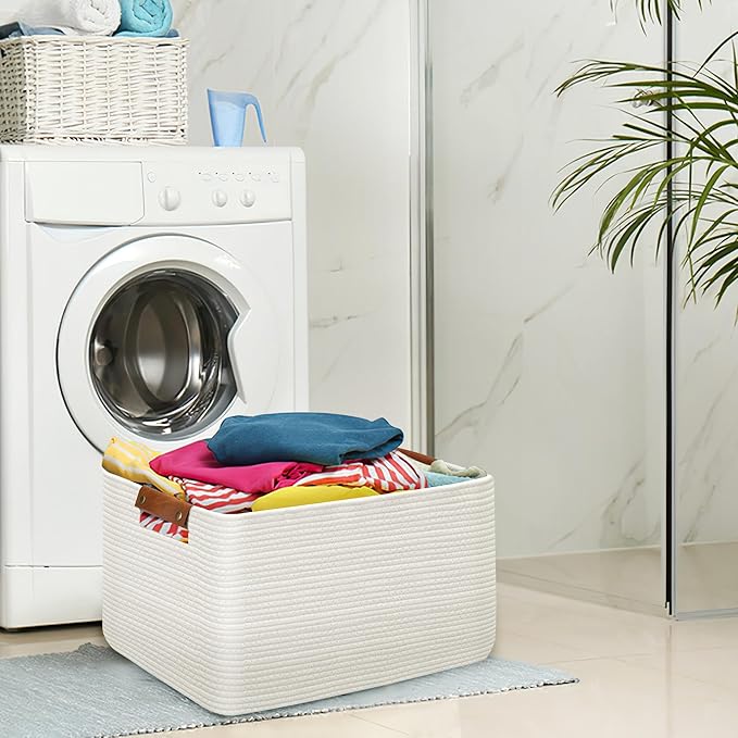 Large Collapsible Laundry Basket, Clothes Hamper for Blanket, Toy, Towels, Woven Baskets for Storage, Nursery Home Decor Living room 21.6" x 15" x 11.8" White