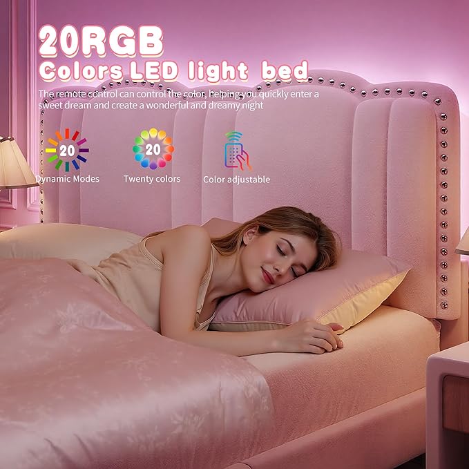 EnHomee Queen Bed Frame with LED, Velvet Upholstered Cloud Headboard and 2 Drawers, Bed Frame Queen Size with Height Adjustable Headboard, Solid Wooden Slats, No Box Spring Needed, Easy Assembly, Pink