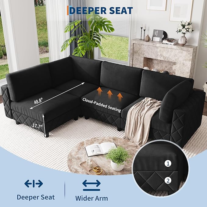 134" Modular Sectional Sofa, 4-Seat Cloud Couch with High-Density Cushions, L-Shaped Velvet Upholstered Sofa for Living Room and Apartment, Black