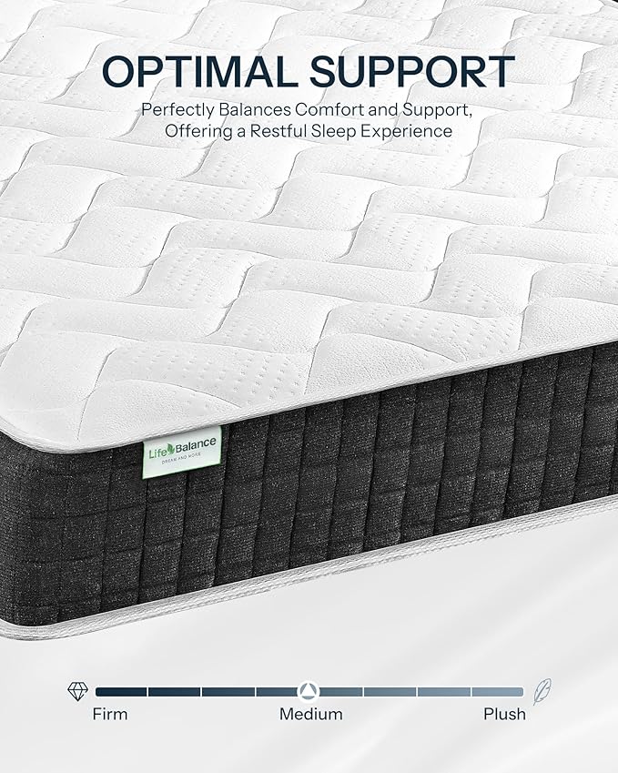 Life Balance Twin Size Mattresses 12 inch, Made in USA Hybrid Mattress in a Box with Individual Pocket Coils, Edge Support, Pressure & Pain Relief, Motion Isolation, Medium Feel, CertiPUR-US, CE-12-T