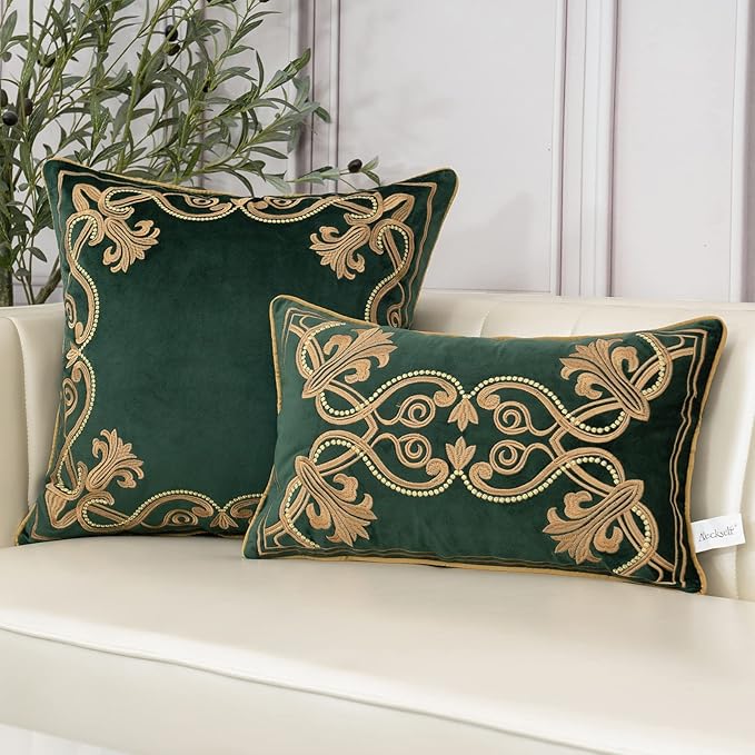 Aeckself European Luxury Velvet Lumbar Throw Pillow Cover 12 x 20 Inch, Embroidery Floral Pillow Cover Home Decor Oblong Pillowcase for Couch Bedroom Living Room, Dark Emerald Green and Gold