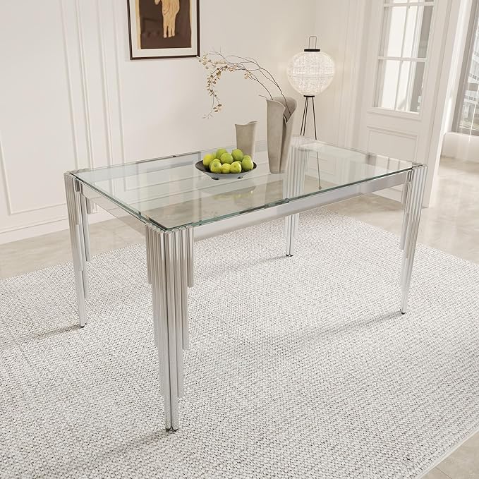 51" Rectangle Glass Dining Table for 4-6, Modern Silver empered Glass Kitchen Table with Stainless Steel Legs for Home Office Kitchen, Living Room