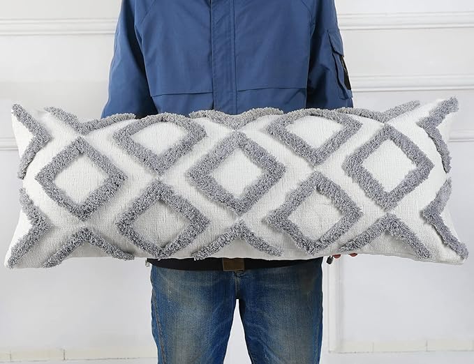 Diamond Pattern Extra Long Pillow Covers 14 x 36,Plush Chenille Decorative Long Lumbar Pillow Covers Pillow Case Cushion Case for Sofa Couch Bed Livingroom Farmhouse,Modern Boho,Grey