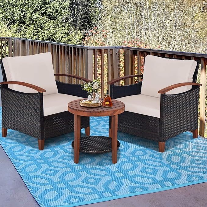 Tangkula 3 Pieces Patio Rattan Furniture Set, Outdoor Wicker Sofa Set w/Washable Cushion and Acacia Wood Tabletop, High Load Bearing Chair with Coffee Table, Conversation Furniture (Turquoise & Beige)