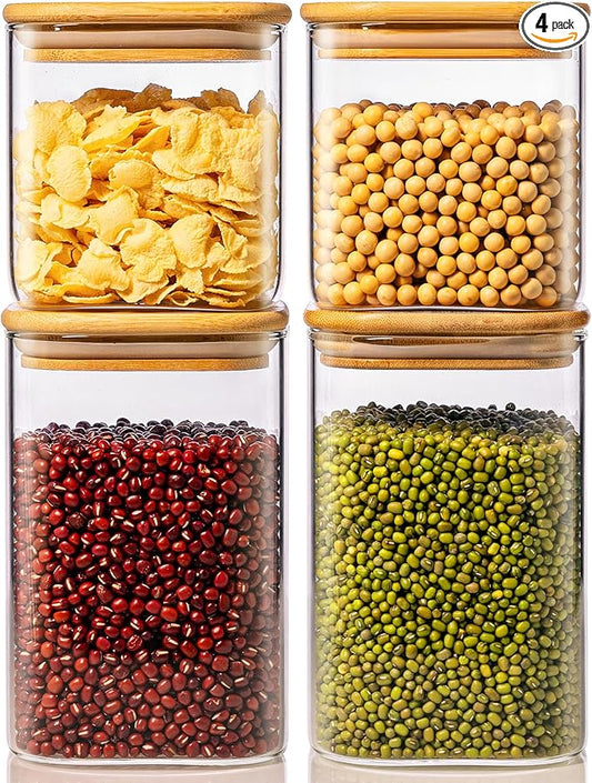 42oz & 27oz - 4 Pack Square Glass Jars with Bamboo Lids, Glass Food Storage Containers with Airtight Lids for Kitchen, Air Tight Pantry Storage Containers for Cereal, Pasta, Rice, Sugar, Coffee, Spice