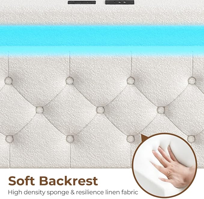 Rolanstar Twin Bed Frame with Charging Station and LED Lights, Upholstered Bed with Adjustable Headboard and 4 Storage Drawers, No Box Spring Needed, Easy Assembly, White