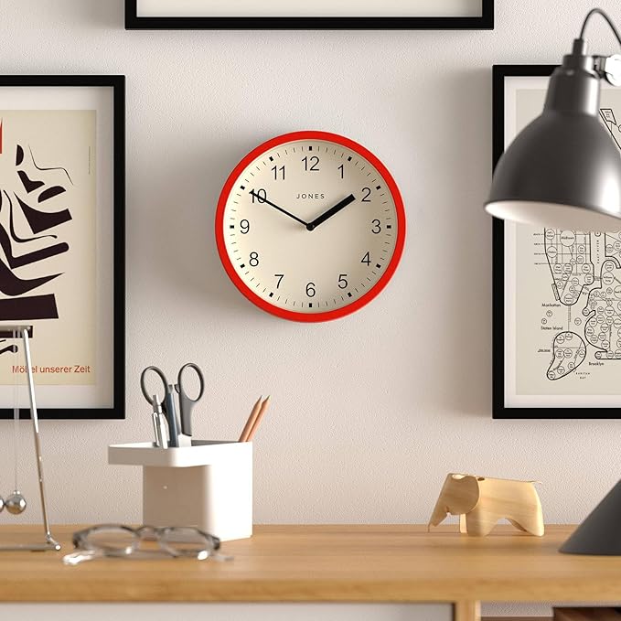 JONES CLOCKS® Spin Wall Clock | Small Modern Round Clock | 8inch | Red | Easy to Read Numbers | Ideal for Kitchen, Office, Children’s Room or Any Small Space