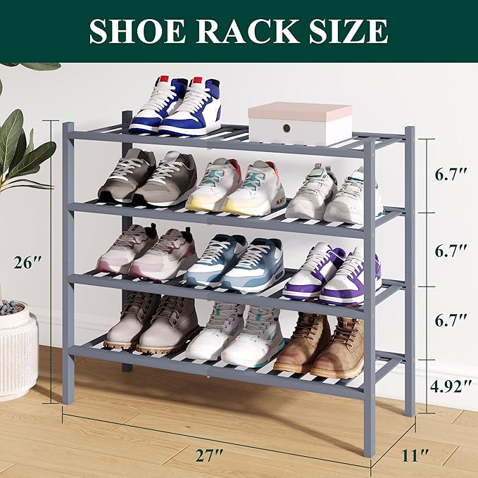 Smiry Bamboo Shoe Rack for Closet, 4 Tier Wooden Stackable Shoe Organizer, Free Standing Shoes Storage Shelf for Entryway, Front Door Entrance, Grey