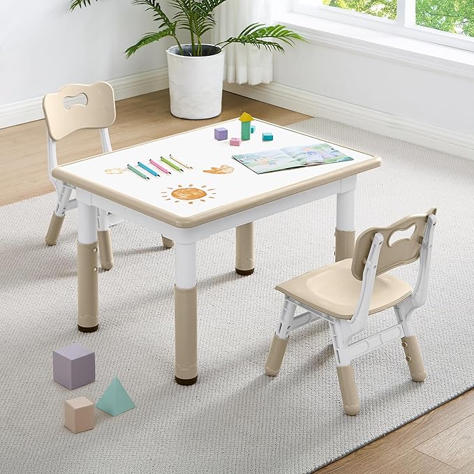 Adjustable Kids Table Chairs Set – Graffiti Desktop, Multi-Activity Height-Adjustable Toddler Study Desk for Ages 3-8 – Ideal for Home, Classroom, Daycare (B-Wood, 2 Chairs-31.5" L x 23.6" W)