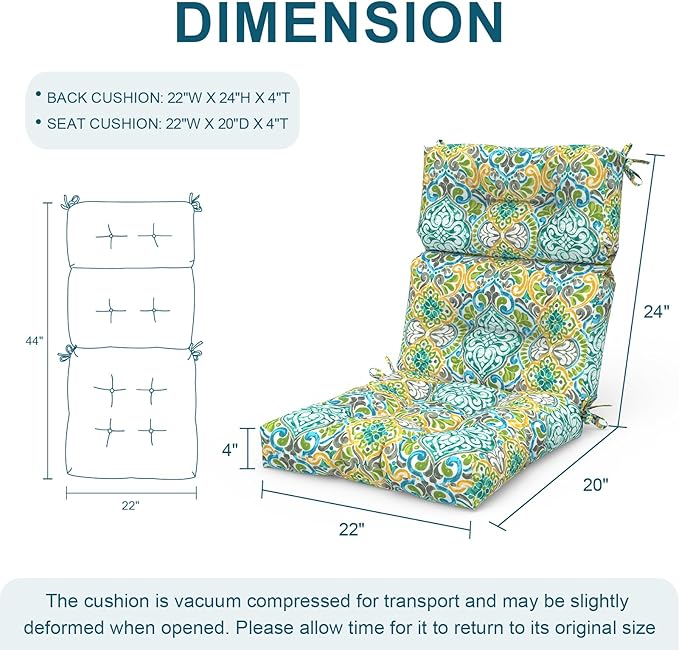 Set of 2 Outdoor High Back Chair Cushions 44"x 22",Water Repellent Rocking Seat Cushions Replacement, Seat/Back Chair Cushions for Patio,Porch,Balcony and Indoor - Damask Green