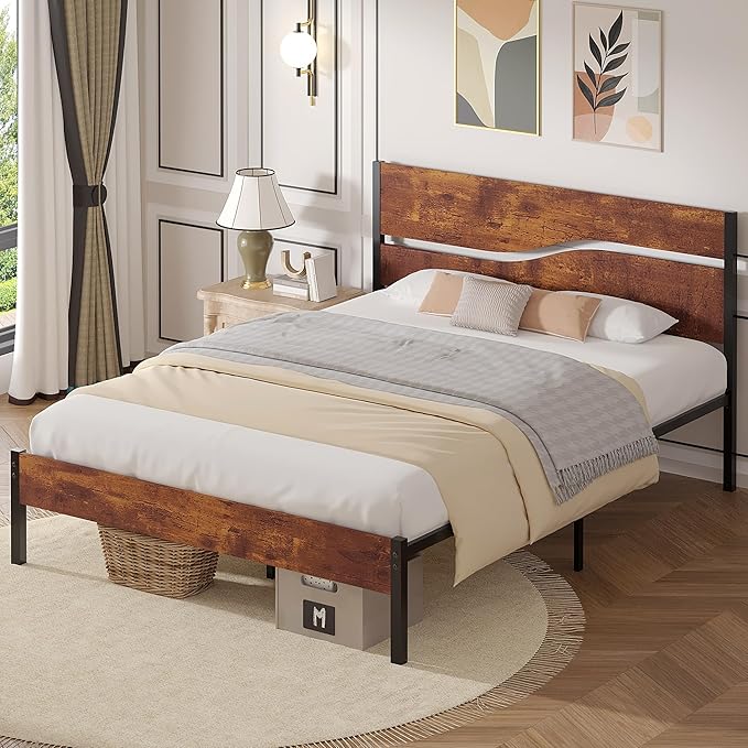 VECELO Queen Size Platform Bed Frame with Headboard and Footboard, Solid and Strong Metal Support, No Box Spring Needed