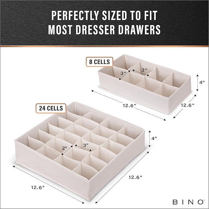 BINO 4-Pack Underwear Drawer Organizer - Beige | Sock Organizer | Drawer Organizer Dresser | Interior Drawer Organizer Storage | Dividers Dresser Drawers | Undergarment Scarf Tie Drawer Organizer