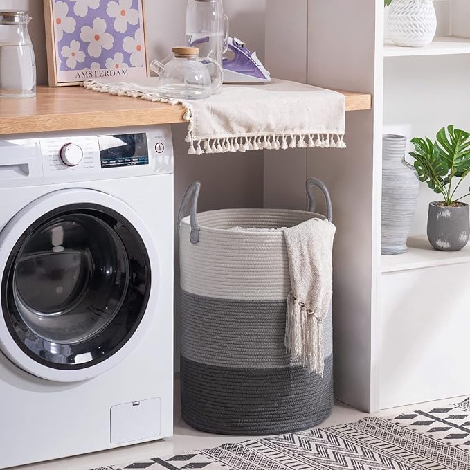 Woven Rope Laundry Hamper Basket, 58L Tall Luandry Basket, Baby Nursery Hamper for Blanket Storage, Clothes Hampers for Laundry in Bedroom-Large-Dark Grey