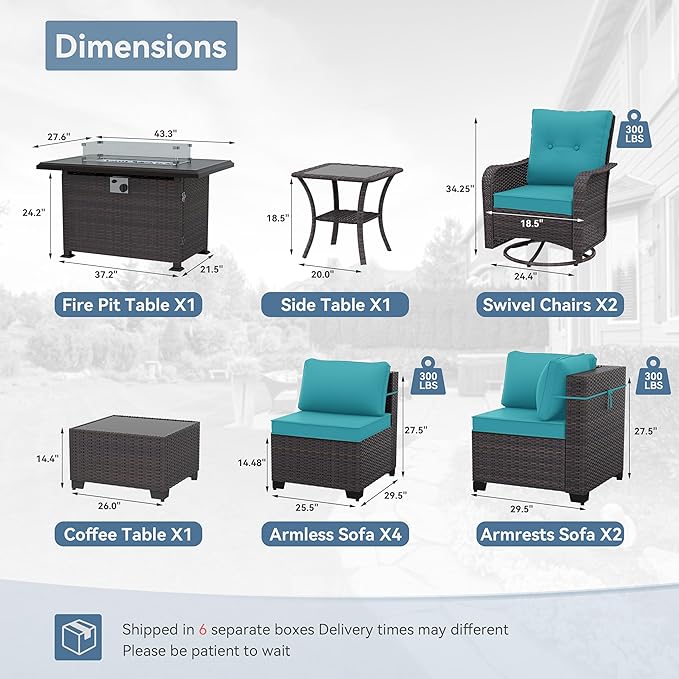 Kurapika 11 Pieces Patio Furniture Set, Rattan Wicker Outdoor Conversation Sets w/43in Propane Fire Pit Table, Swivel Rocking Chairs Patio Sectional Sofa w/4 Inch Cushion, Blue