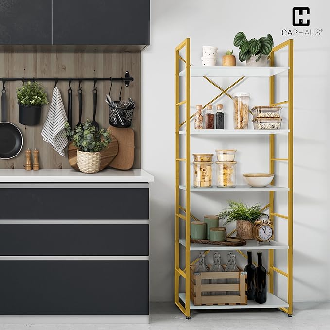 CAPHAUS 5 Tier Bookshelf, 24 Inch Width Free Standing Shelf, Bookcase Shelf Storage Organizer, Industrial Book Shelves for Home Office, Living Room, Kitchen, White Wooden Shelves & Gold Frame