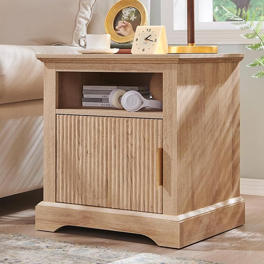 Fluted Nightstand with Charging Station, 22" Large Modern Side Table, Wood End Table w/Open Shelf & Spacious Tabletop, Bedside Table with Storage Space for Bedroom, Living Room (Natural)