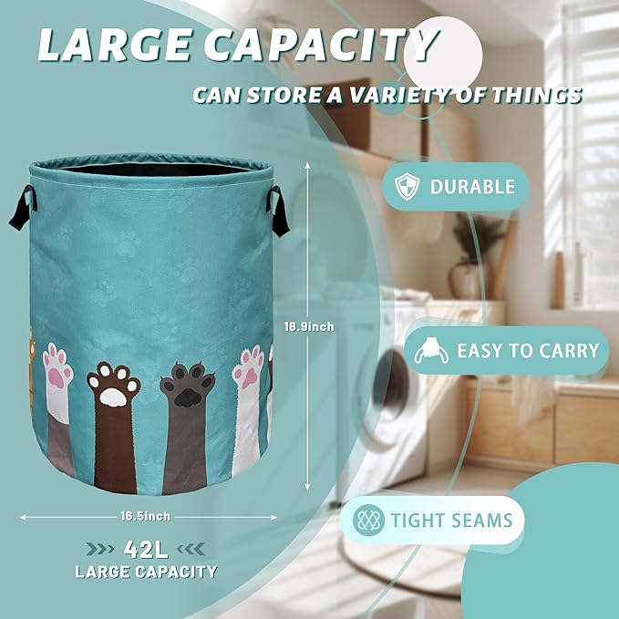 Cute Cat Paws Dog Paw Laundry Basket Foldable With Handles Tote Bag Oxford Cloth Funny Animal Laundry Hamper 18.9" x 16.5 "Clothes Storage Bucket Toy Organizer For Bathroom/Laundry/Bedroom