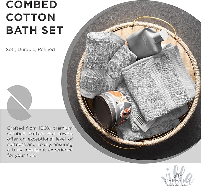 100% Combed Cotton Bathroom Towel Set of 6- 2 Bath Towels, 2 Hand Towels, 2 Wash Cloths, Sustainable, Soft, Highly Absorbent 6 Piece Cotton Bath Towel Set Ideal for Hotels, Spa, Bathroom, Dorm, Silver