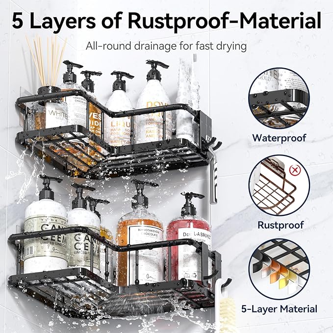 YASONIC Corner Shower Caddy Organizer, 3-Pack Adhesive Rustproof Stainless Steel Shower Shelves with Soap Holder, No Drilling Shower Storage Rack for Family Renters Bathroom, Black
