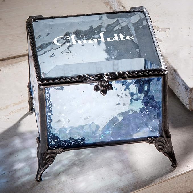 Personalized Engraved Jewelry Box Decorative Vanity Display Stained Glass Keepsake -J Devlin Box EB217-1 (Blue)