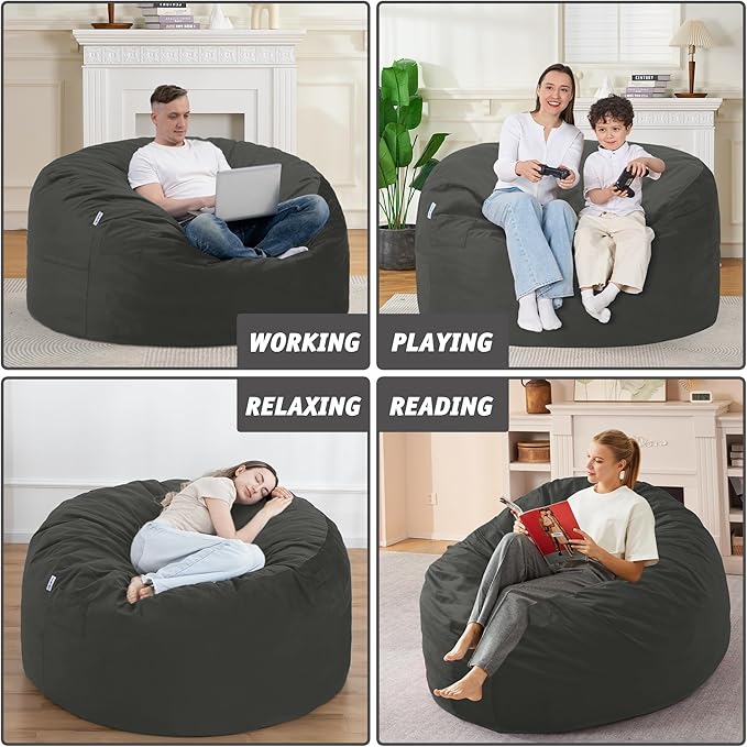 4FT Bean Bag Chair with Ultra Soft Velvet Cover Bean Bag Sofa with Memory Foam Bean Bag Chairs with Large Size Lazy Sofa for Dorm Office Living Room Bedroom Grey 4'