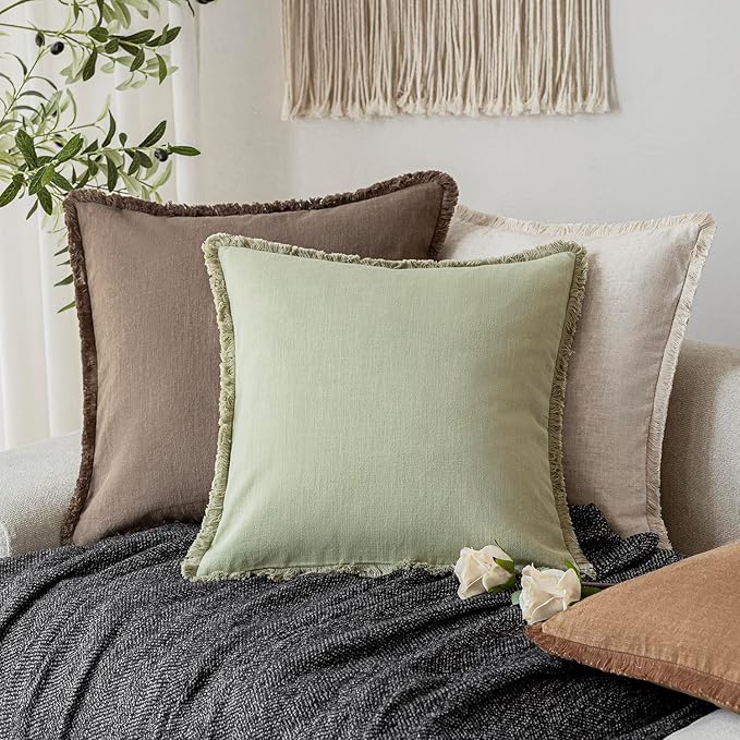 Foindtower Set of 2 Decorative Linen Fringe Throw Pillow Covers Boho Farmhouse Cushion Cover with Tassels Soft Accent Pillowcase for Couch Sofa Bed Living Room Home Decor,24×24 Inch,Light Sage Green