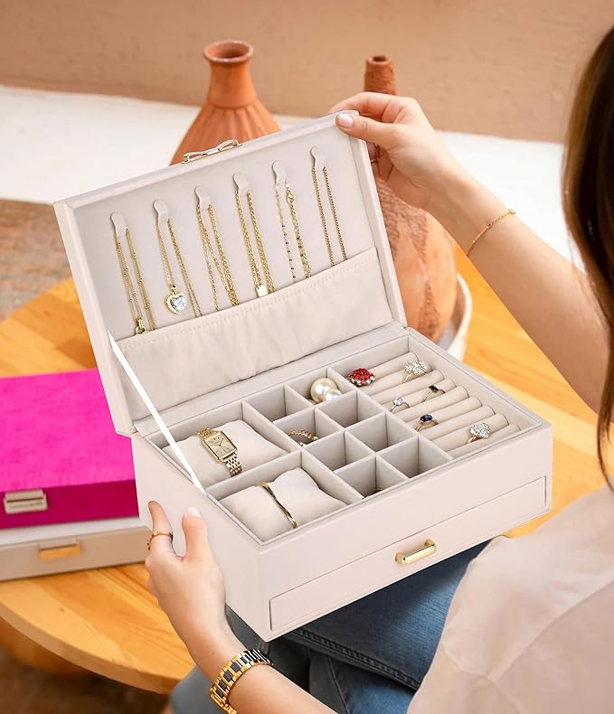 HofferRuffer Jewelry Box with Drawer for Women‌ Girls, Faux Leather Storage Jewelry Organizer Jewelry Case with Two Layers Display for Earrings Rings Necklaces (White)