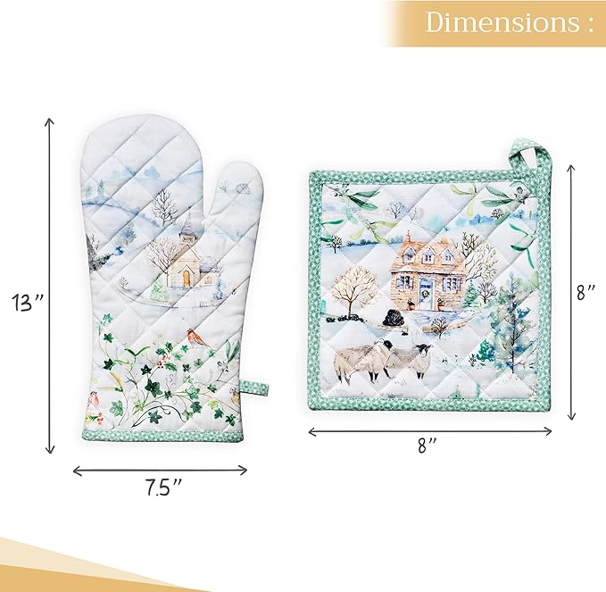 Maison d' Hermine 100% Cotton Oven Mitt & Pot Holder Set (7.5"x13" & 8"x8") Heat Resistant BBQ Cooking Gloves with Loop for Thanksgiving Christmas Decorations Handling Hot Pans (Snowy World)