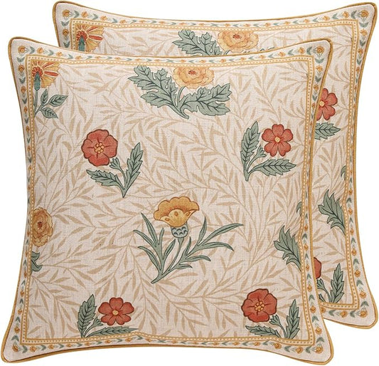 patdrea Designer Throw Pillow Covers for Couch 18"x18",Vintage French Linen Pillows Cover with Daisy Floral Pattern,Beige Soft Farmhouse Decorative Square Cushion for Bed,Outdoor,Set of 2