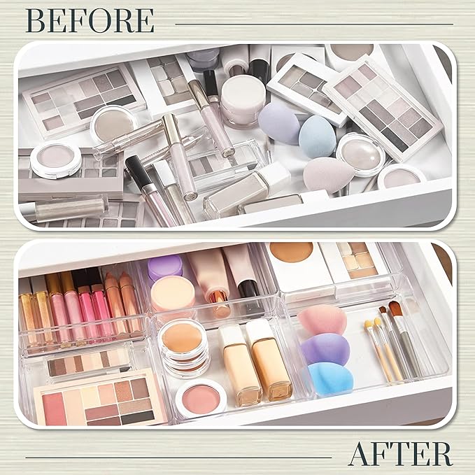 STORi SimpleSort 6-Piece Stackable Clear Drawer Organizer Set | 6" x 6" x 2" Square Trays | Small Makeup Vanity Storage Bins and Office Desk Drawer Dividers | Made in USA