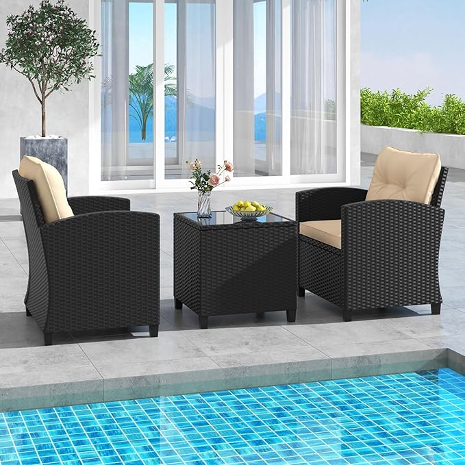 RELAX4LIFE 3-Piece Patio Furniture - Wicker Rattan Bistro Sofa Set w/Glass Top Coffee Table, Washable Cushions for Porch Balcony Backyard Poolside, Outdoor Conversation Set (Beige)