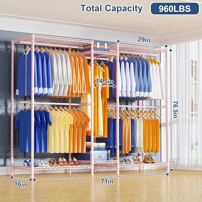 Ulif E12 Clothes Rack，Heavy Duty Freestanding Garment Rack with Shelves，Metal Clothing Closet Storage System for Hanging Clothes，71" W x 16" D x 76.5" H, Hold 960 lbs，Pink