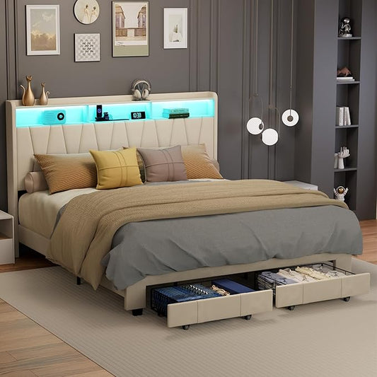 King Size Bed Frame, Velvet Upholstered LED Platform Bed with Headboard Storage, King Bed Frame Built-in Charging Station with 2 Drawers, Wood Slat Support, No Box Spring Needed, Beige