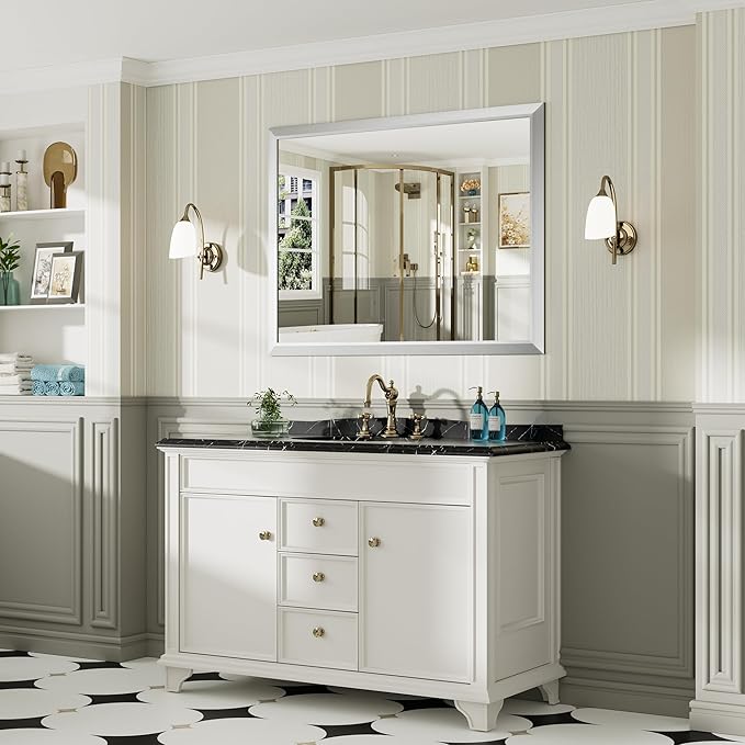 48x36 Inch Silver Bathroom Mirror for Wall, Thick Metal Framed Rectangle Mirrors for Over Sink, Bedroom, Living Room, Entryway, Anti-Rust, HD Tempered Glass